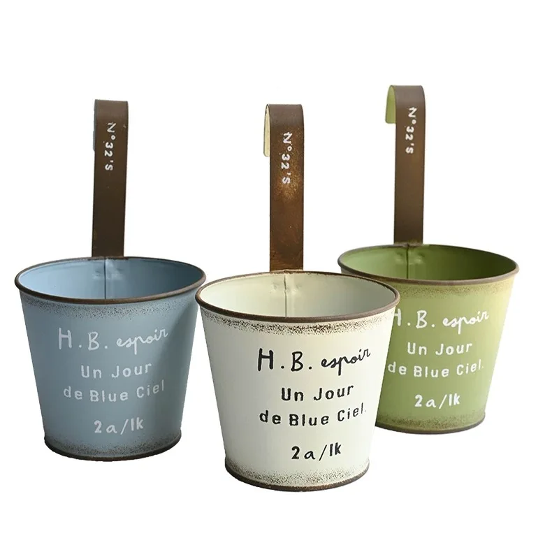 Vintage French Metal Planter Pot with Hook, 18.5 x 14 x 17.5 inches, Set of 3, Blue, Green, White