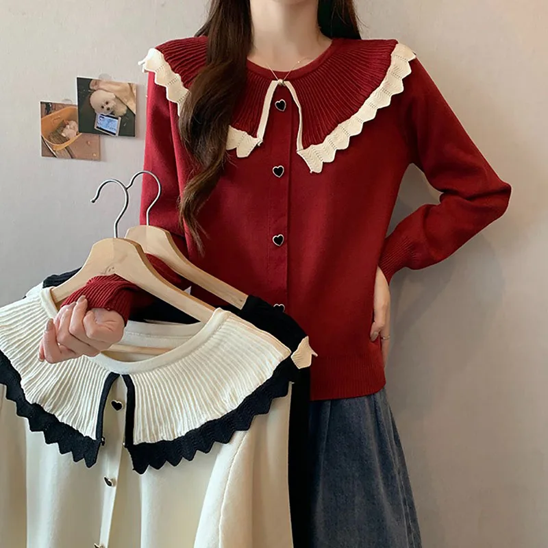 Cute Doll Collar Solid Color Pullover Simple Single Breasted Women 2024 Spring New Knitwear Korean Version Design Sense Sweater