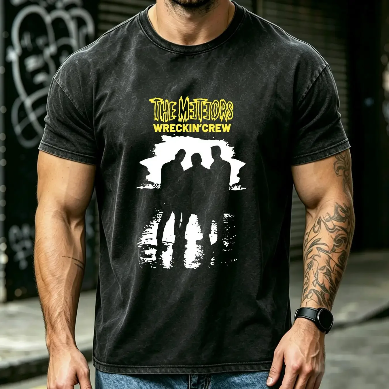 washed T Shirt Vintage 90s The Meteors Wrecking Crew Psychobilly Band Black All Size vintage Washed designer clothes Slightly