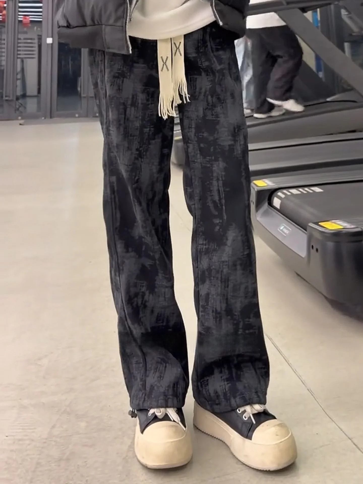 Black Tie Dye Corduroy Men's Winter Fleece Lined Straight Leg Casual Sports Pants Durable Straight Cut Slimming Leisure Trousers