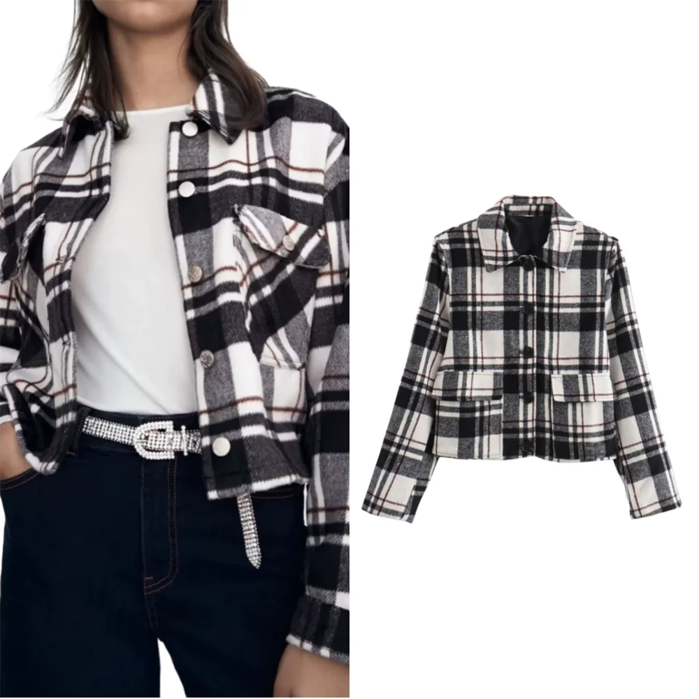 PB&ZA2024 summer women's new simple high-end fashion loose lapel long-sleeved patch pocket plaid jacket