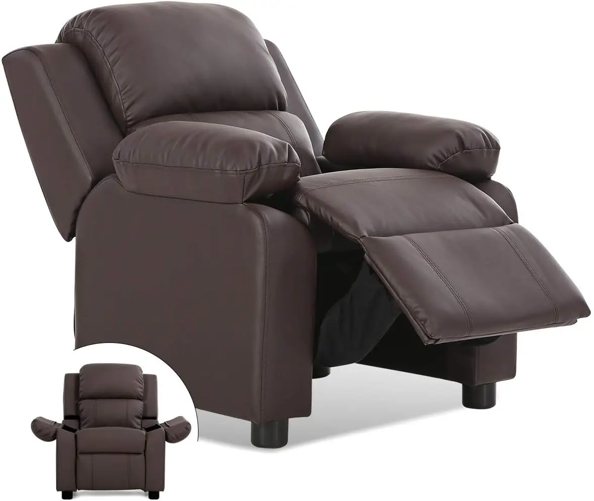 Kids Recliner, Leather Recliner Chair w/Footrest, Armrest Storage, Headrest & Lumbar Support, Ergonomic Lounge Chair for Living