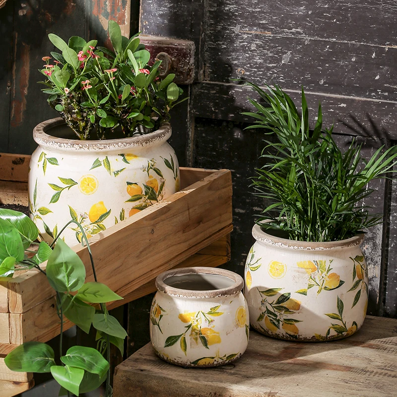 Vase Ceramic Lemon Printing Underglaze Color Necking Flower Pot  Home Outdoor Balcony Desktop Decoration Creative Retro Idyllic