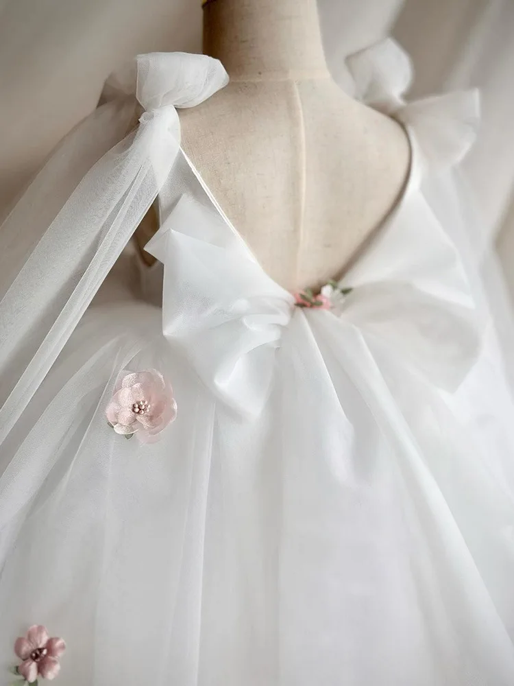 Vestido de niña de flores con apliques blancos para boda, tul hinchado sin mangas, princesa elegante, fiesta para niños, primera comunión, vestido de baile