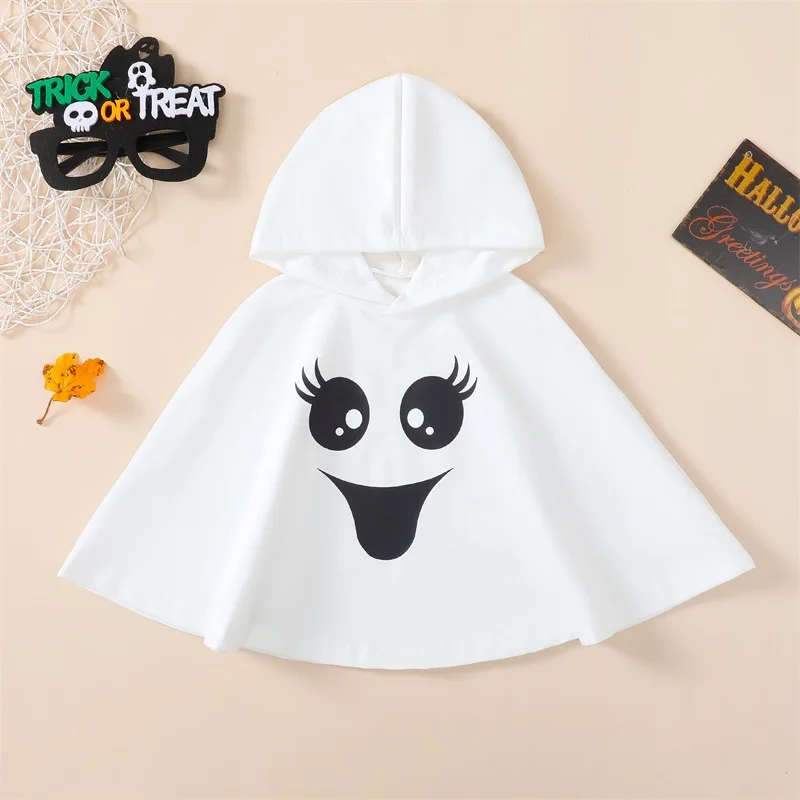 Newborn Halloween Cloak Boys and Girls Big Eyes Print Drawstring White Loose Hooded Windproof Jacket Cosplay Costumes