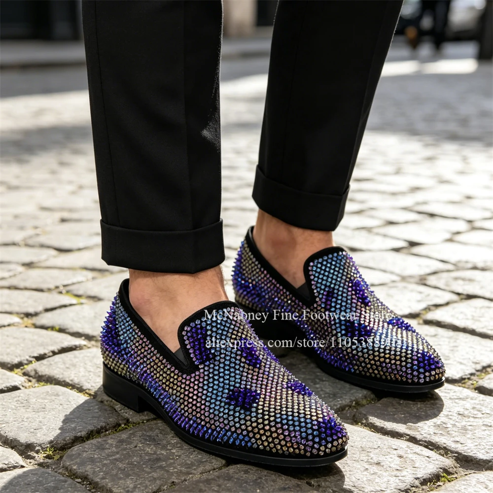 Blue Rhinestone Beaded Men Loafers Slip on Flats Crystal Luxury Casual Shoes Fashion Club Party Daily Men Formals Shoe Plus Size