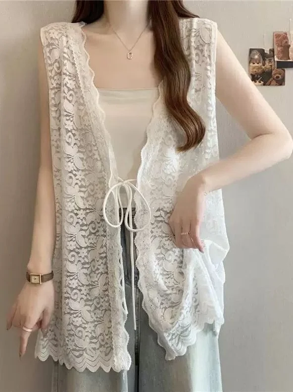 Summer Lace Hollow out Vest Women's plus Size Big Code Tie Waist Sleeveless Trendy Top V-Neck Mid-Length Outerwear