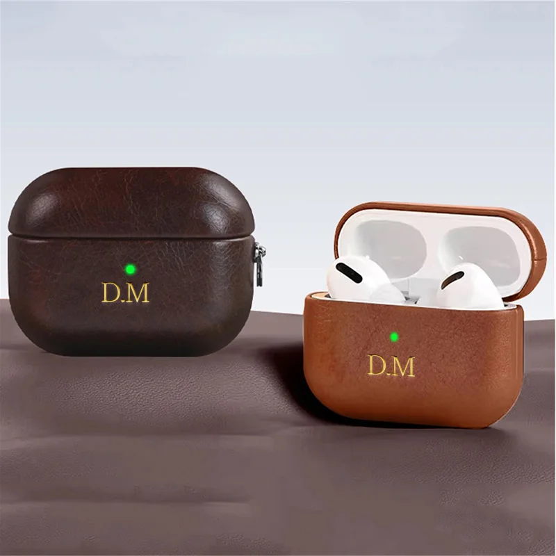 Oil Wax Cowhide Earphone Case For Airpods Pro 3 2 1 Pro 2 Luxury Leather Personalized Initial Letters Customized Gold Letter