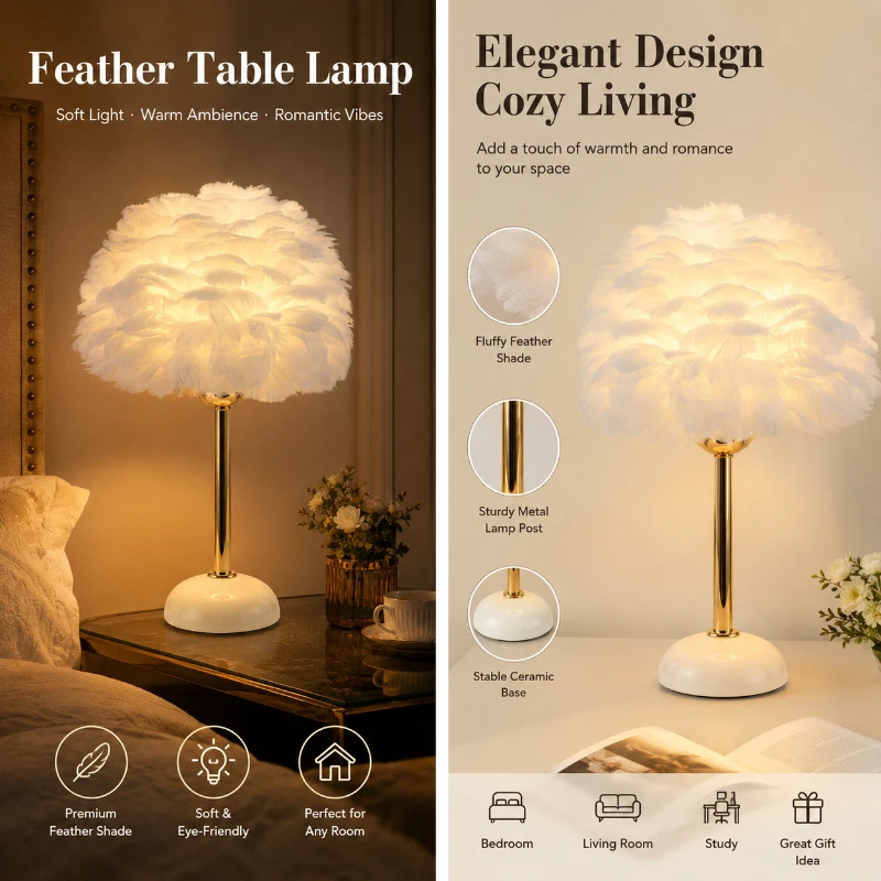 Nordic Luxury High-end Feather Ceramic Table Lamp Suitable for Living Room and Bedroom Ins Style Warm and Romantic Night Light