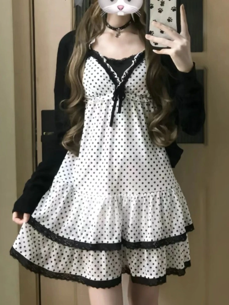 

Vintage Sweet Bow Sling Dress Suit Women's Design High Street Polka Dot Dresses 3-piece Set Hepburn Kawaii Vest Black Cardigan