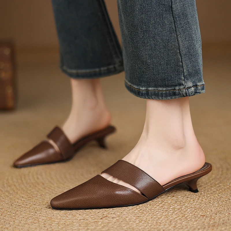 

2025 new summer women sandals natural leather 22-24.5cm soft sheepskin women shoes square toe belt loop mules half slippers