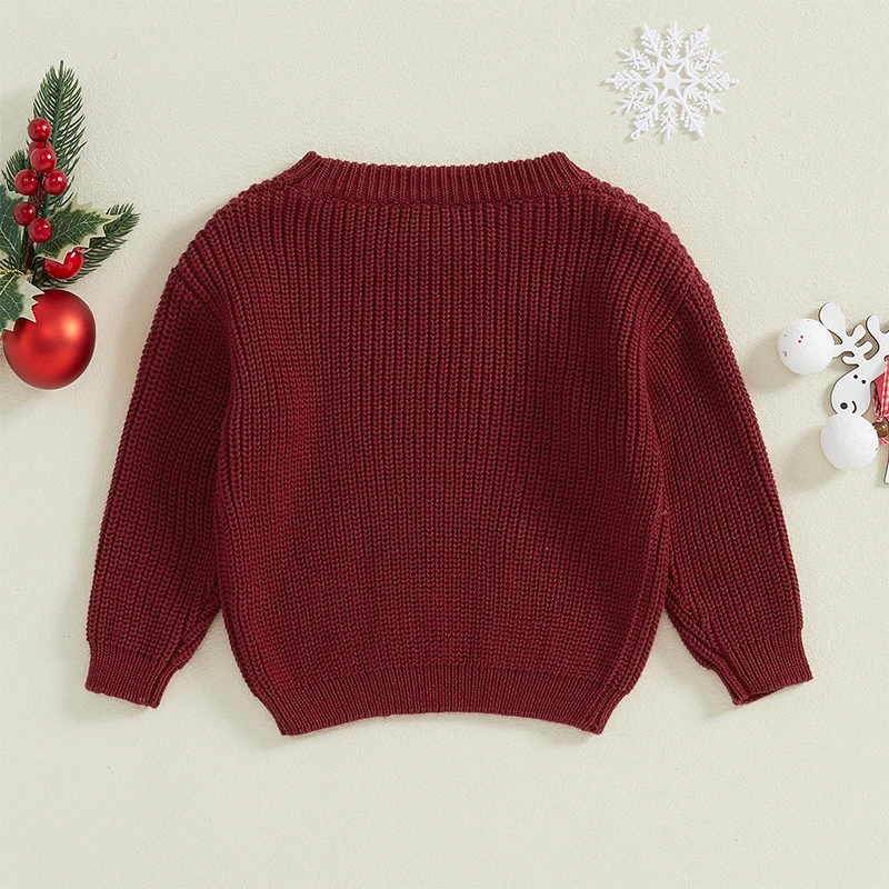 Kid Boys Girls Christmas Sweaters Santa Embroidered Long Sleeve Round Neck Ribbed Knitted Pullover for 0-4 Years