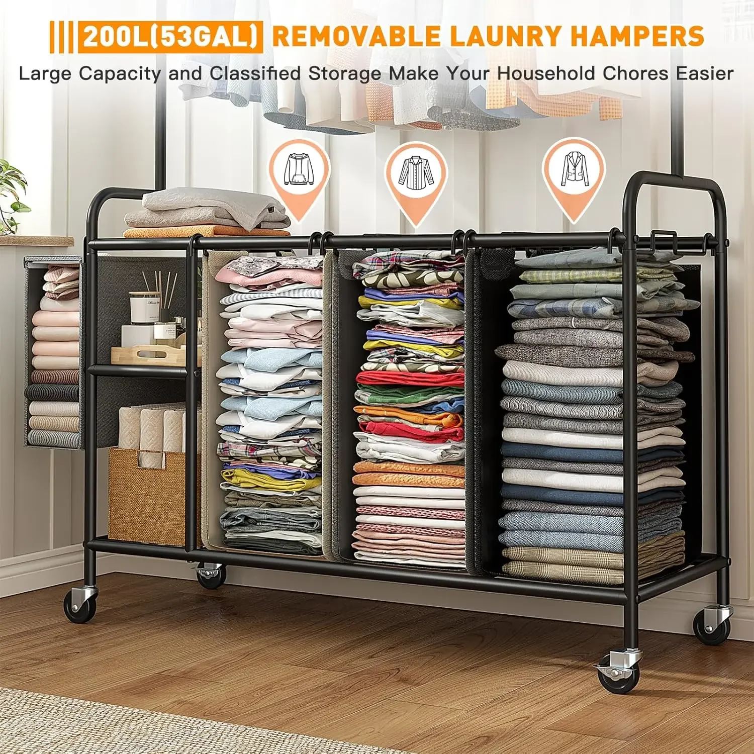 

Laundry Sorter 3 Section Rolling Laundry Hamper Cart with Shelf 200L Large Laundry Basket Organizer 3 Compartment Hampers