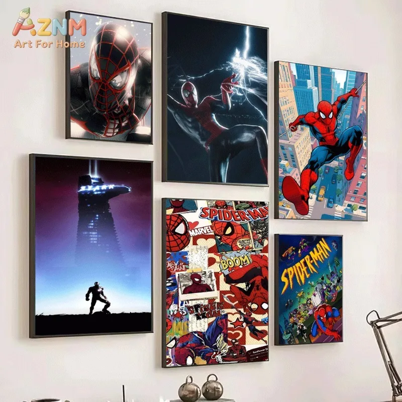 Marvel Spider-Man Canvas Wall Art 9Pcs Miles Morales Classic Spider Hero Poster Combo Decor For Boys Bedroom Gaming Room