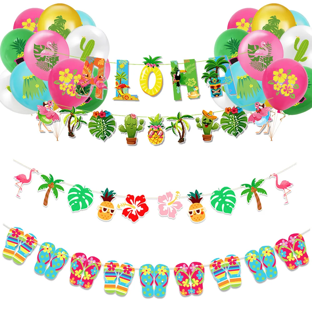 Гавайские украшения для вечеринки у бассейна, латексный шар, баннер с алоха, тапочки с цветком ананаса, тропическая пальма, фламинго, цветочный декор