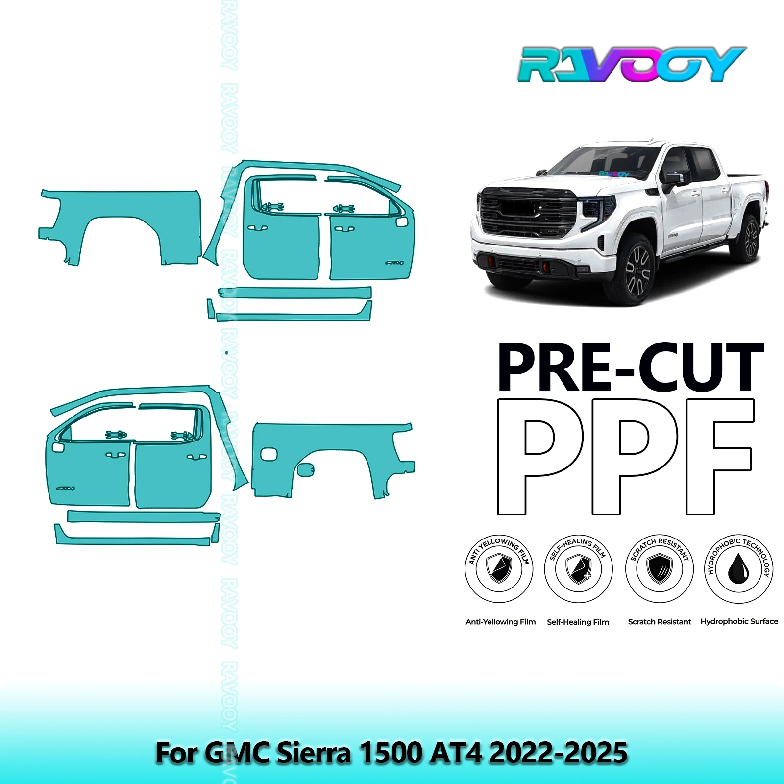 

For GMC Sierra 1500 AT4 2022-2025 8.5mil Clear Matte Pre-Cut PPF Door & A/B Pillar Kit TPU Paint Protection Film Set