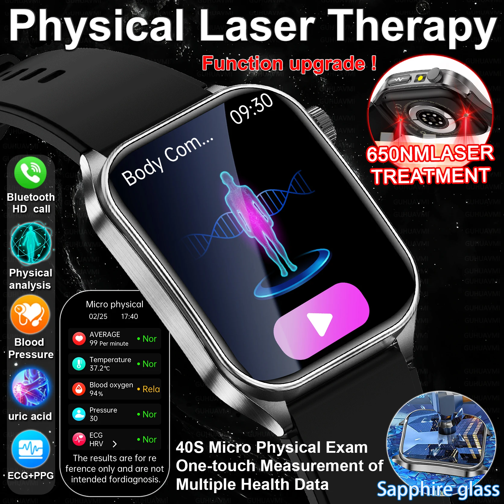 

New Physical analysis Health Smart Watch laser therapy Conditioning Blood oxygen Pressure Uric Acid Blood lipid ECG call watch