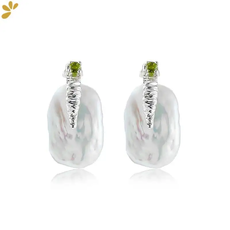 GEEZENCA Natural Baroque Pearl Tourmaline 925 Sterling  Silver Earrings For Women French Chic Luxury Small Earring 2023 New Gift
