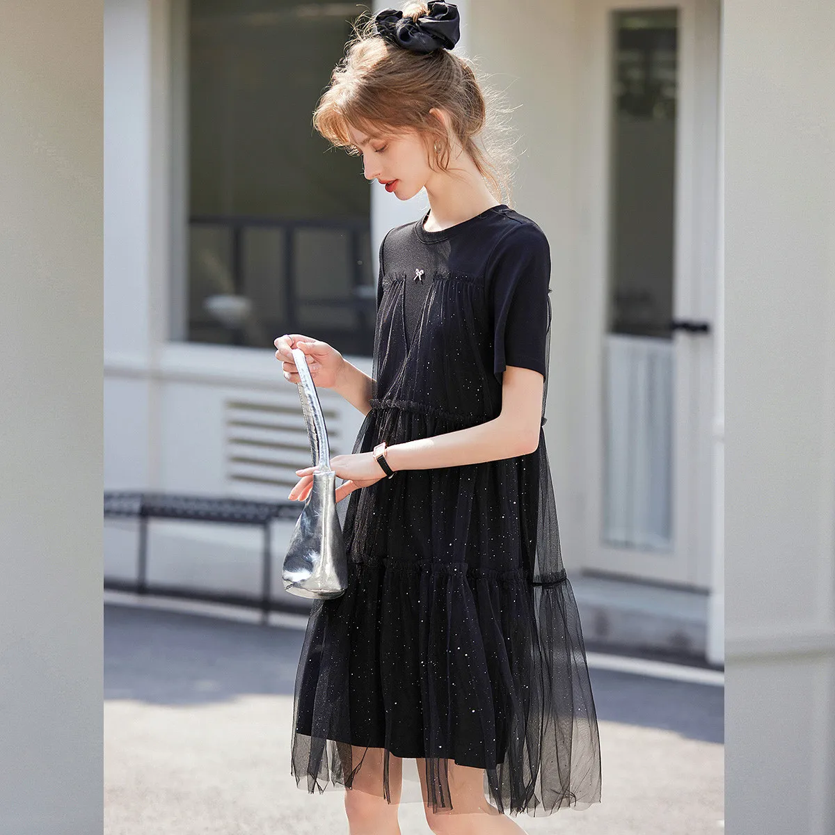 LOUIS YAO New Sparkling Mesh Splicing Women's Dress 2025 Summer Fashion Fake Two Piece T-shirt Skirt Short Sleeved Long Dress 