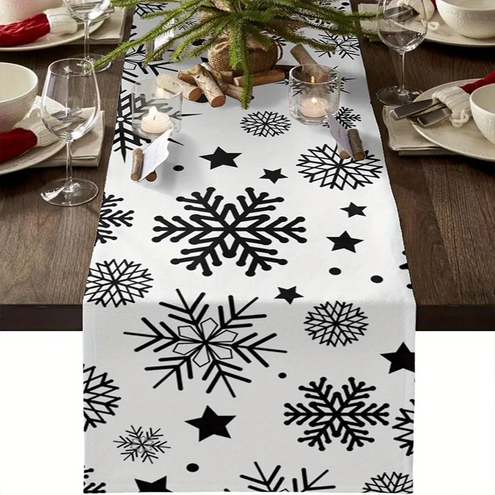 

1 Christmas Black Snowflake Star Table Runner Minimalist Monochrome Design for Winter Sideboard Decor Contemporary Home Holiday