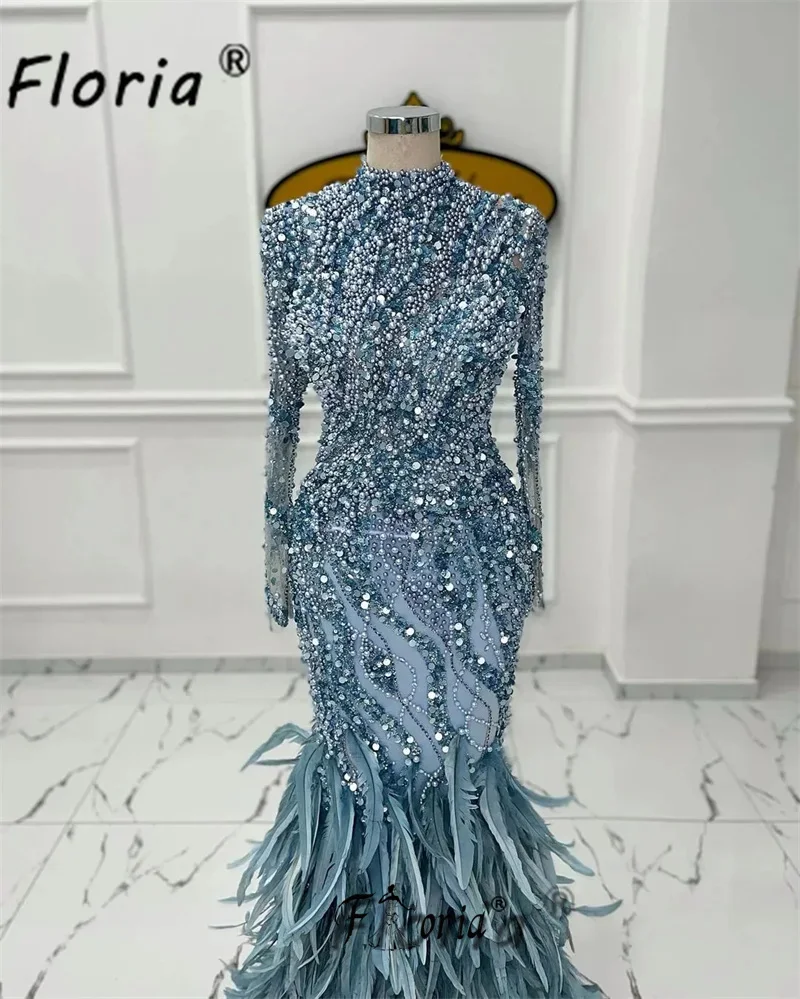 Luxury Fully Feather Beads Formal Evening Gowns Dubai Woman Long Sleeves Mermaid Special Occasion Dress Wedding Party Prom Robes