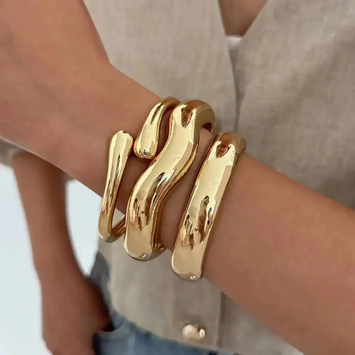 

3 Styles Creative Smooth Metal Wide Bangles Irregular Gold Color Arm Bracelets for Women Men Goth Daily Party Jewelry