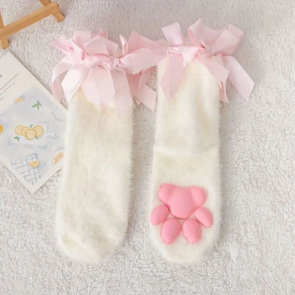 New Raised Paw Pads Paw Socks Ribbon Bow Trim Finish Animal Paw Socks Warm Soft Fuzzy Texture Cat Paw Socks Home Wear
