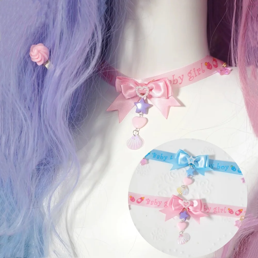 

Japanese Original Handmade Pink Blue Harajuku Bow Necklace Lolita Sweet Collar Chain Soft Cute Girl Y2K Jewelry Gift