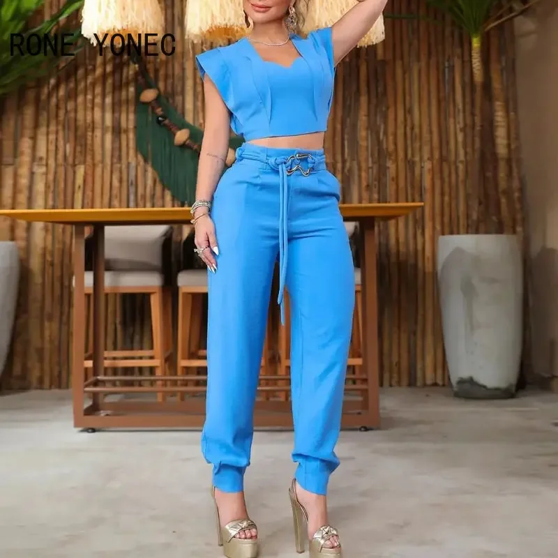 2023 Women Solid Chic Sleeveless Crop Top & Pencil Pants with Belts Fashion Women Sets