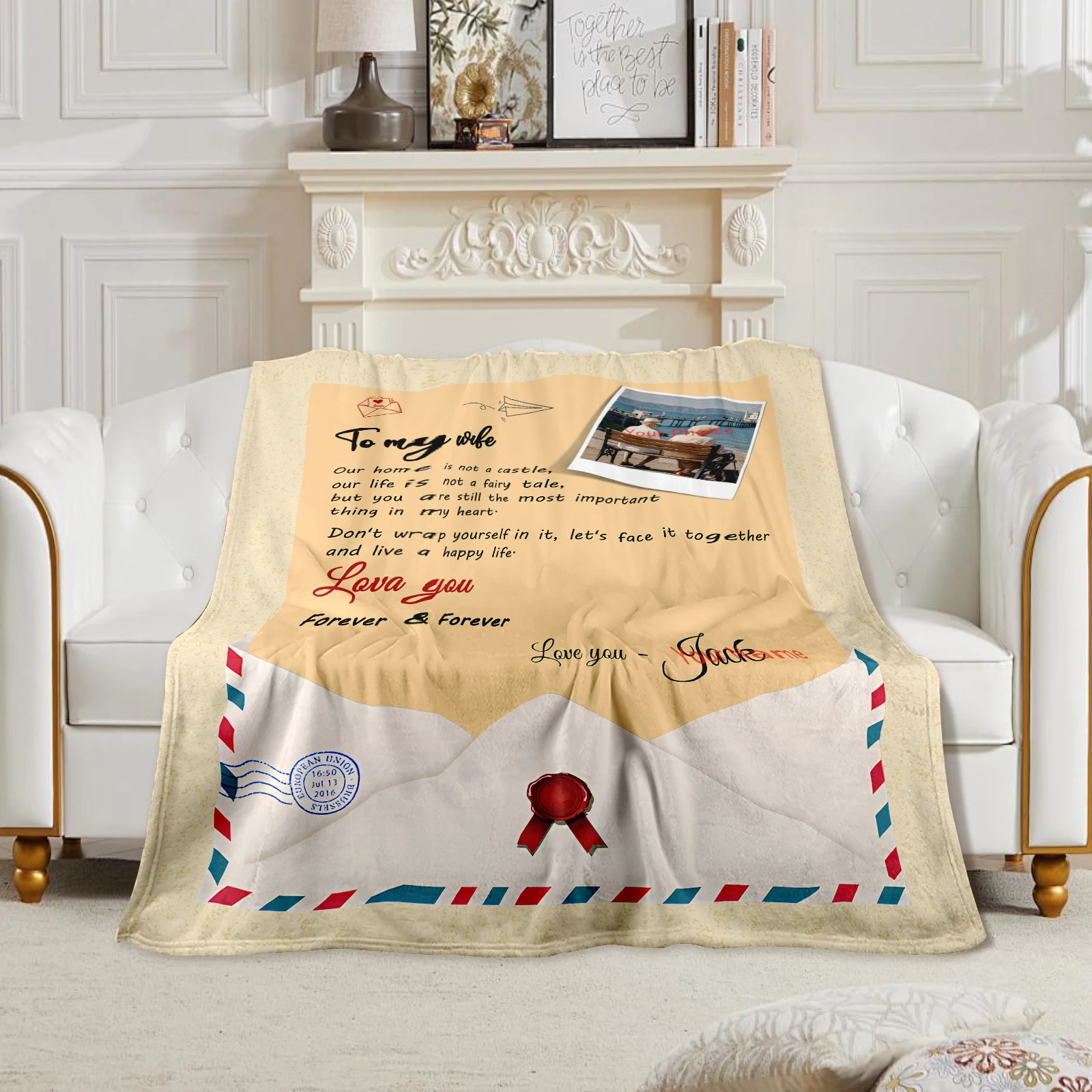 

Personalized Flannel Blanket Featuring Envelopes Romantic Words Six Custom Photos And Names For Couples