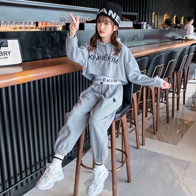 New Spring Autumn Baby Girls Waffle Alphabet Crop Hoodie+Drawstring Sweatpant+Tee Tops Kids Tracksuit Child 3PCS Outfit Sets