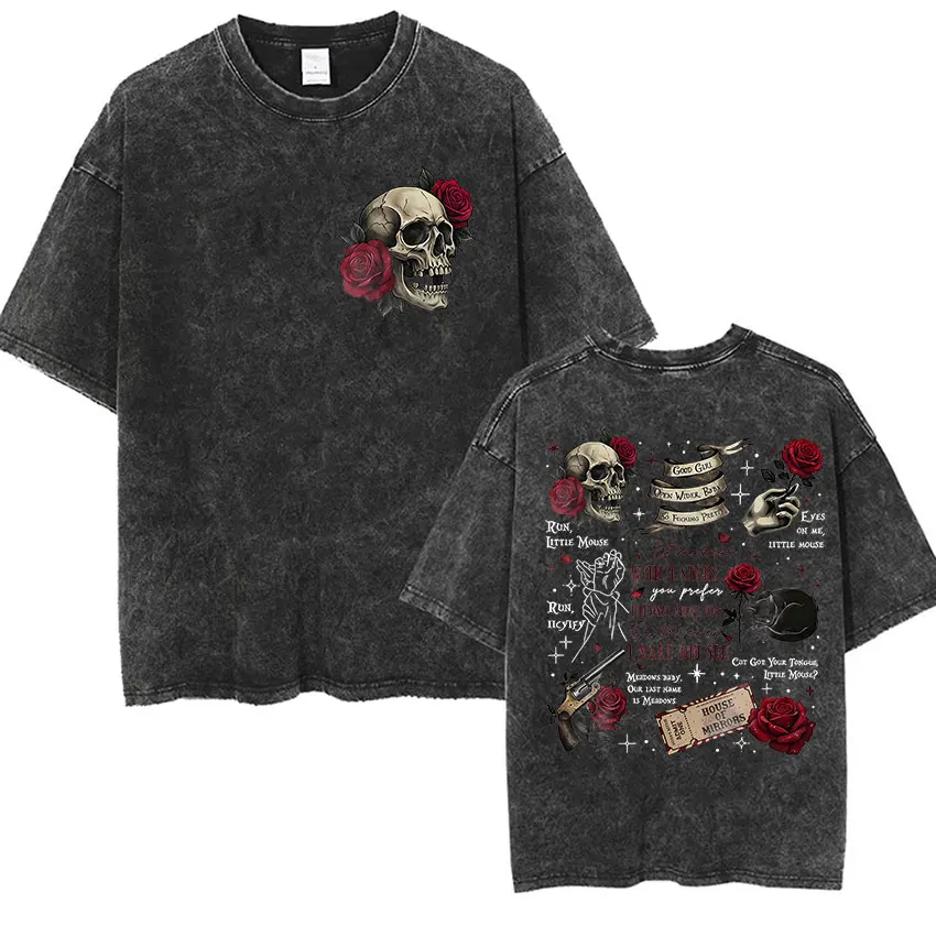 Vintage Distressed Skull Rose T-Shirt Retro Gothic Skeleton Flower Print Casual Tee Oversized Washed Streetwear for Men Women