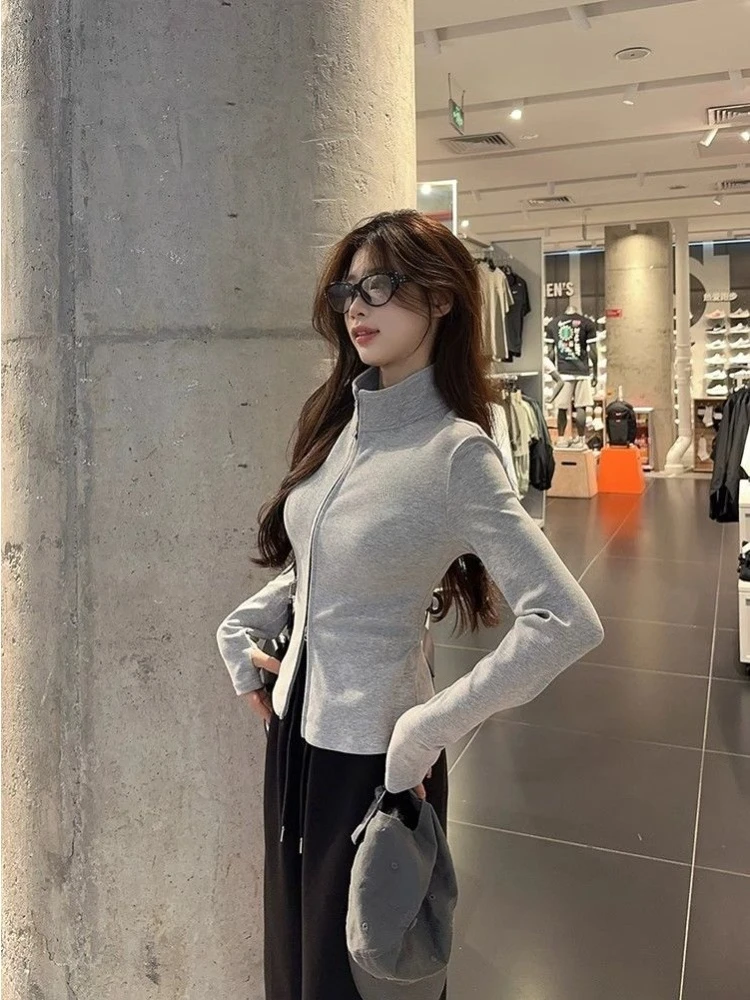 Women's 2026 Autumn New Korean Stand Collar Embroidery Double Zip Up Slim Fit Yoga Top Sweatshirt Hot Girl Streetwear Coquette