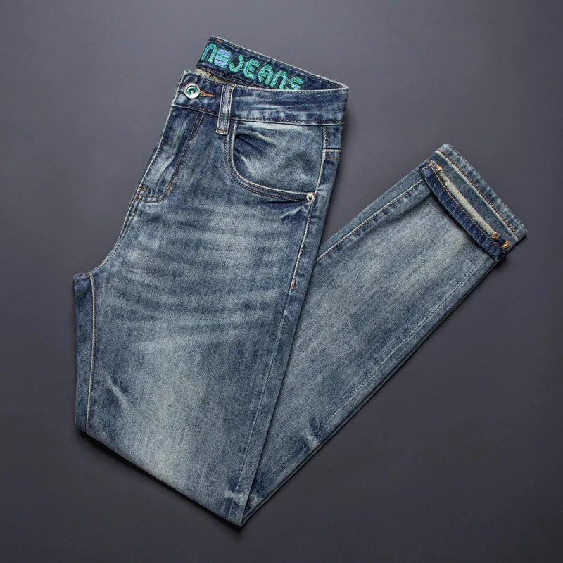 Celana jeans pria kualitas tinggi musim panas tipis elastis potongan ramping trendi versi Korea modis bordir retro