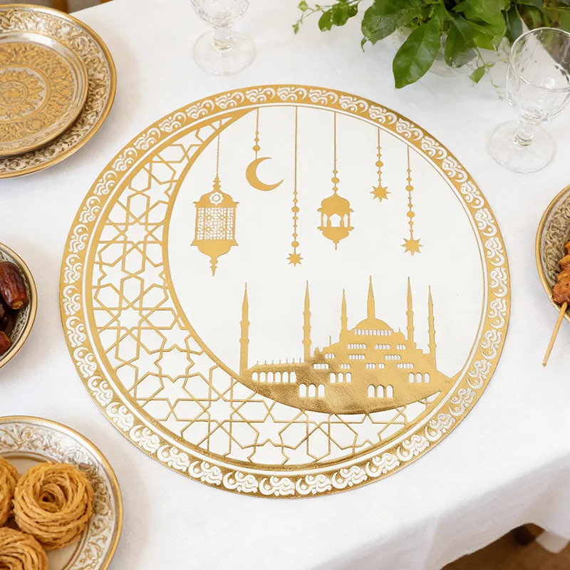 

1pc Ramadan Mubarak PVC Placemat Gold Mosque Lantern Crescent Pattern Waterproof Islam Muslim Home Table Dining Decoration