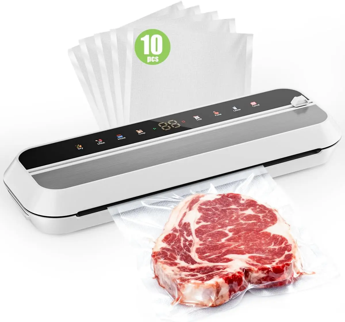 

Vacuum Sealer 8-in-1, 100W Digital Timer, Dry/Moist Mode, External VAC, Built-in Cutter, 10 Bags (White)