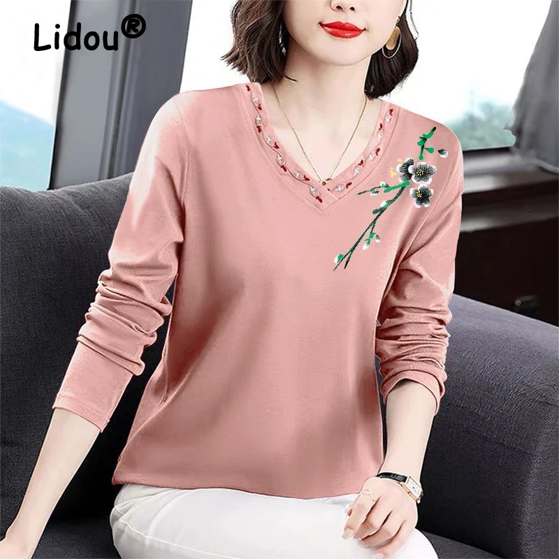 Embroidery Floral Printed V Neck Loose Cotton Basic Tee T Shirt Femmes 2023 Spring Autumn Women Casual Long Sleeve Tops Clothing