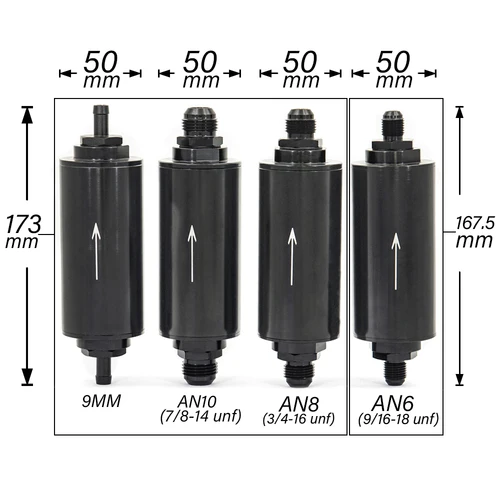 Filtro de combustible de aluminio OD de 2 pulgadas, filtro de acero inoxidable E85 con elemento de acero de 100 micrones AN6 AN8 AN10, accesorios adaptadores de 9MM