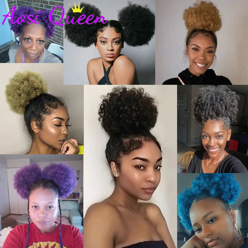 AOSI coulisse sintetica Bun Chignon Hair Pieces Silky Afro Black Big larger Piano Color con Clip Short Kinky Curly