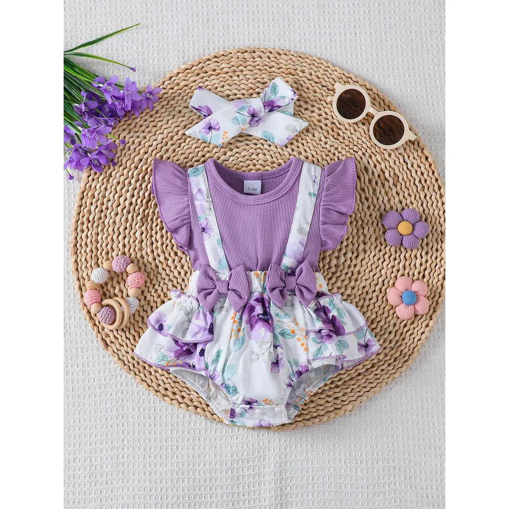 New Cute Infant Purple Sleeveless Bodysuit with 2 Bows+Headband Fashion Summer Clothes for Baby Girl 1-18 Months Baby Onesie
