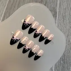 10 Stuks Handgemaakte Franse Nagels Lange Druk Op Acryl Nep Nagels Met Strik Pers Op Ontwerp Volledige Cover Nep Nageldecoraties Tips