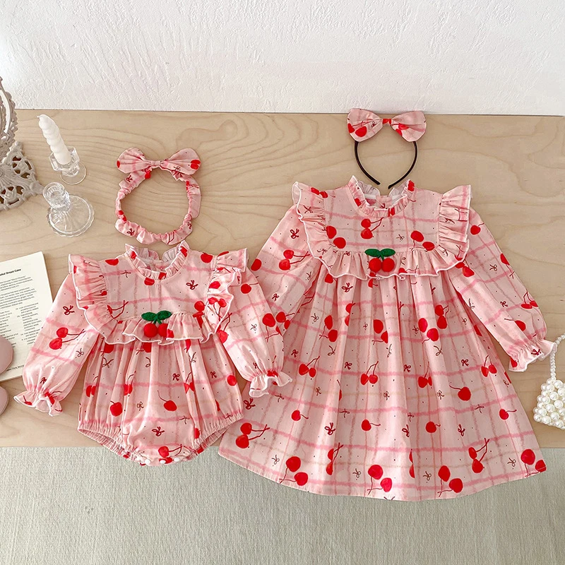 2025 New Autumn Sister Dress 2-7Yrs Girl Party Dress Long Sleeved Cotton Print Kids Princess Dresses Baby Girl Romper