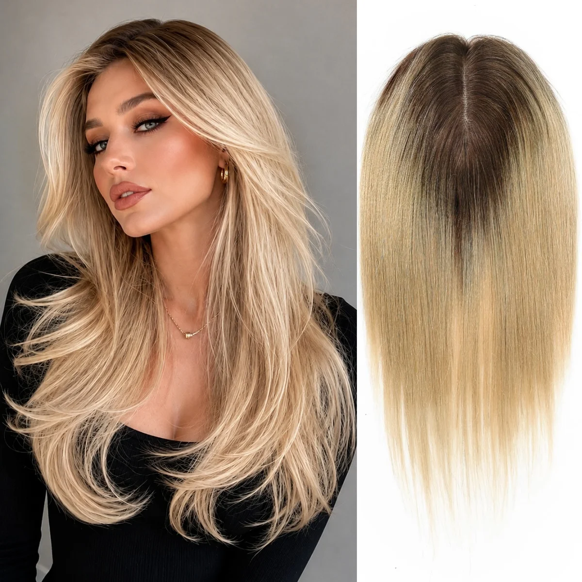 オンブレハニーブロンドロングストレートヘアトッパー-レミー人毛シルクベース-ナチュラルヘアライン-クリップ式ヘアピース-女性用-薄毛隠し