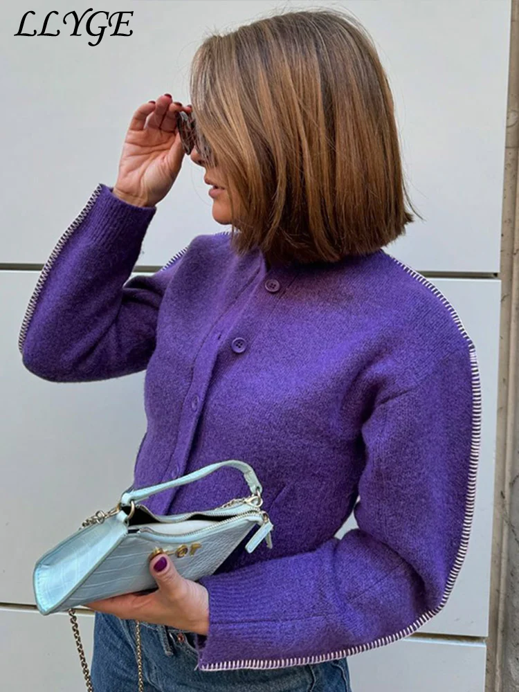 Cárdigan morado corto de punto para mujer, suéter de manga larga con cuello levantado y botonadura única, prendas de punto acogedoras, moda de otoño, 2024