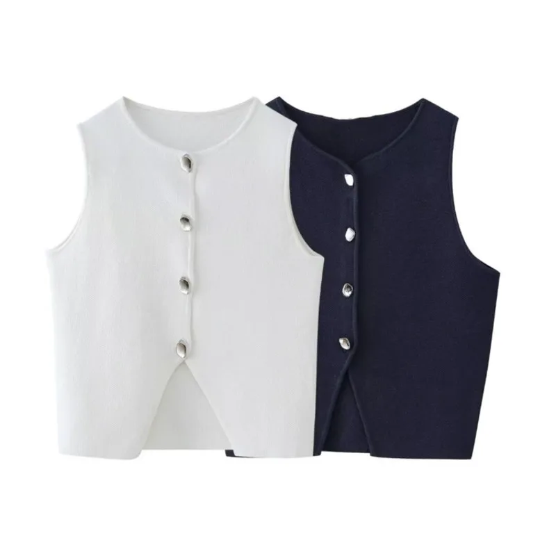 

Button Elegant Ladies Knitted Short Waistcoat Sleeveless V-Neck High Street Cardigan Vests Outerwear Sexy White Tops For Women