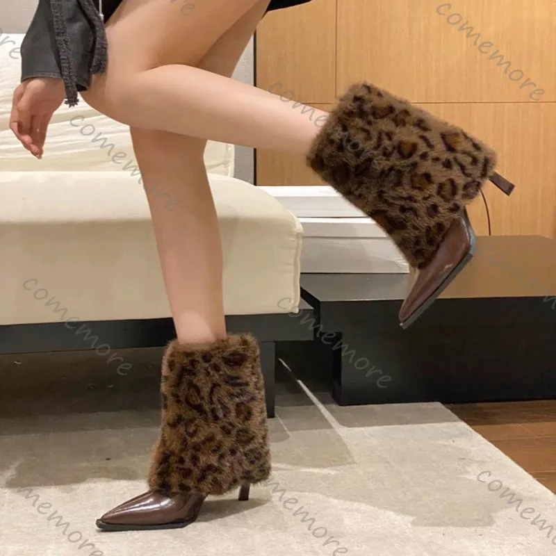 المرأة أحذية عالية الكعب مثير ليوبارد طباعة مصمم الفراء الشتاء الأحذية مزاجه وأشار عالية الكعب الجوارب القصيرة بوتاس موهير #2