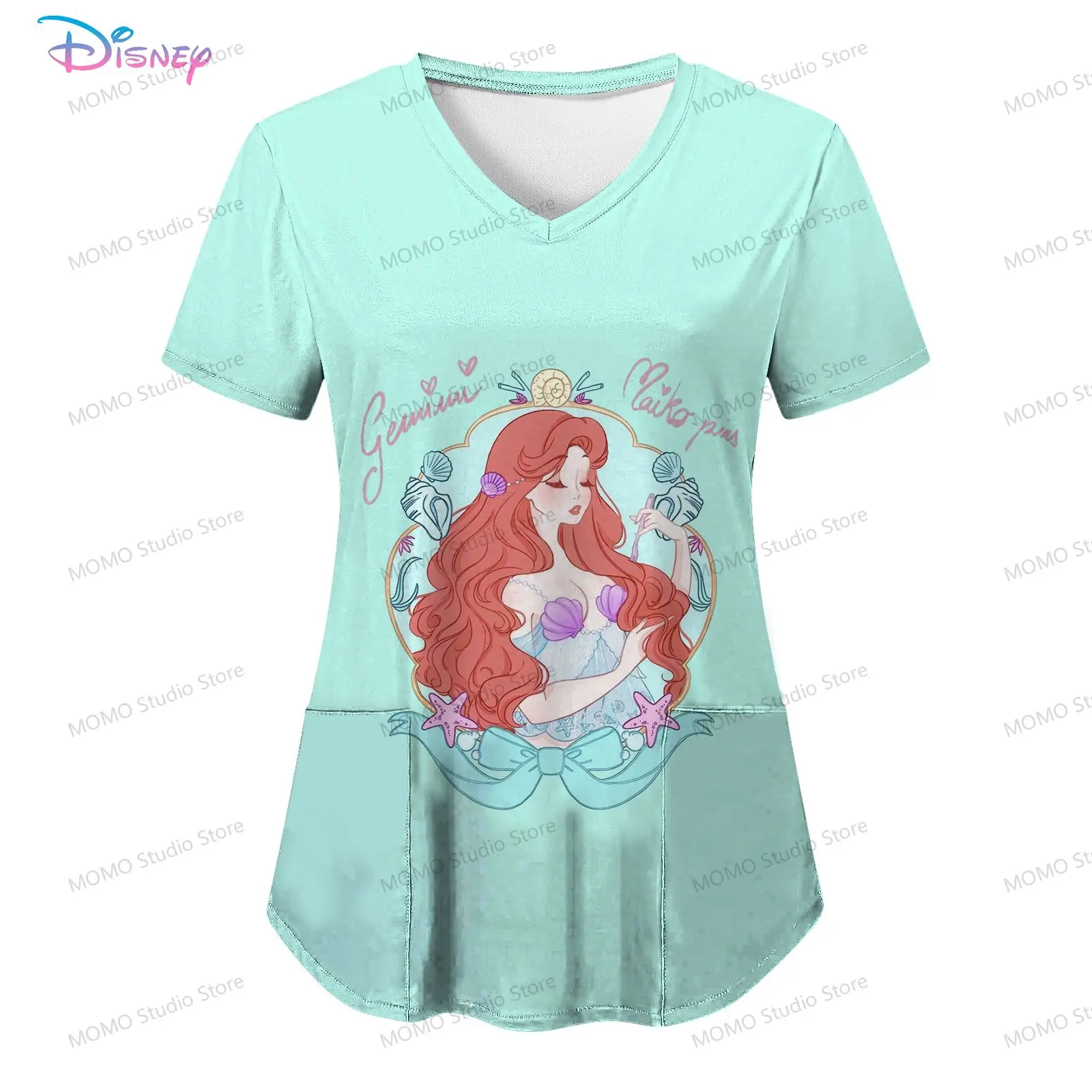 

Women's V Neck Nurse Uniform T-Shirt Pocket Disney Princess Youthful Woman Clothes Summer Short Sleeve Y2k 2024 S-2XL Tops Tee