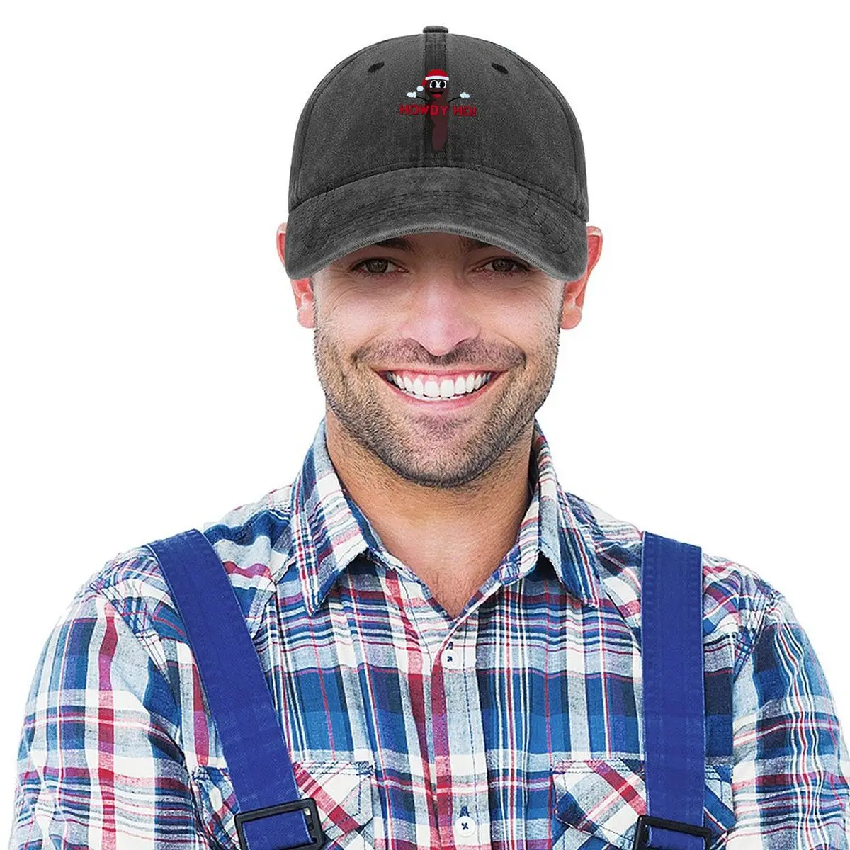 احتفالي - رسم تحت عنوان "هودي هو!" مع قبعة سانتا - ترتدي شخصية للعطلات - قبعة بيسبول مغسولة ثقافية على شكل حرف D