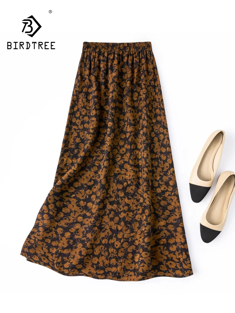 BirdTree-100%Real Silk Watered Gauze Elegant Skirts, Elastic Waist Jacquard, Women Retro Skirt, 2026 Summer B67058CC