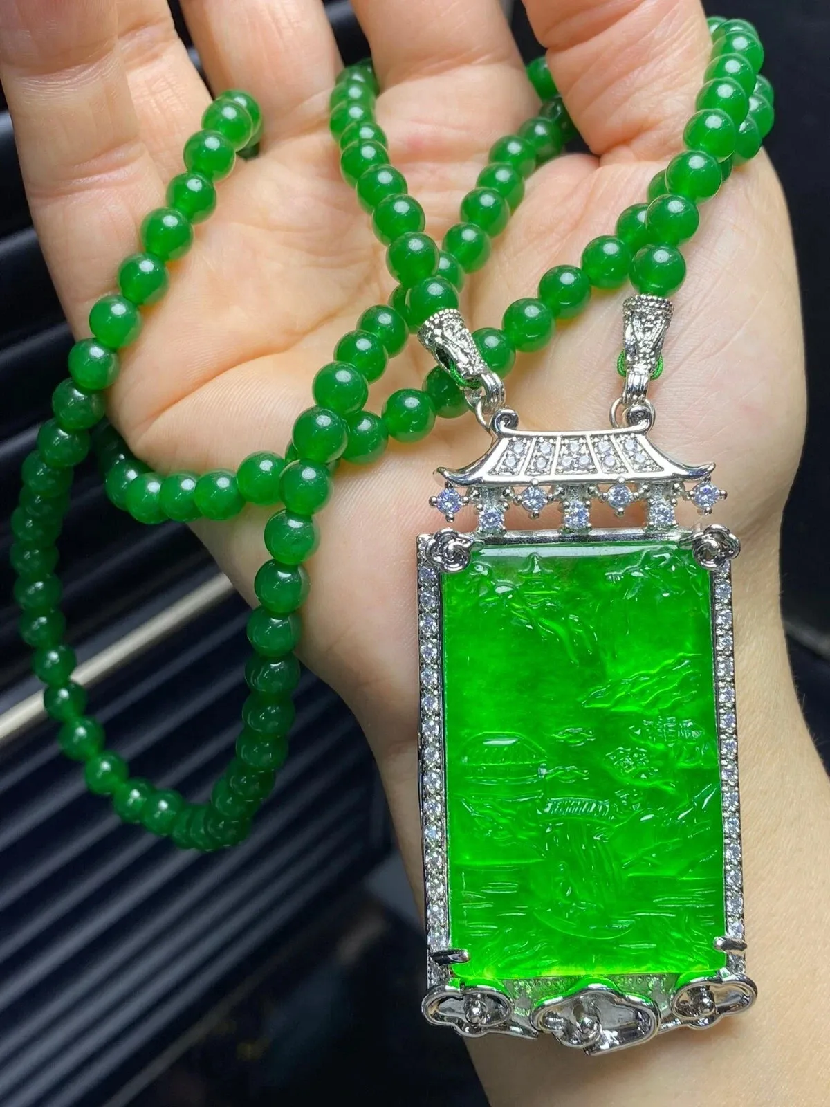 Real Natural Perfect High Ice Green Jade Jadeite Landscape Pendant&Necklace